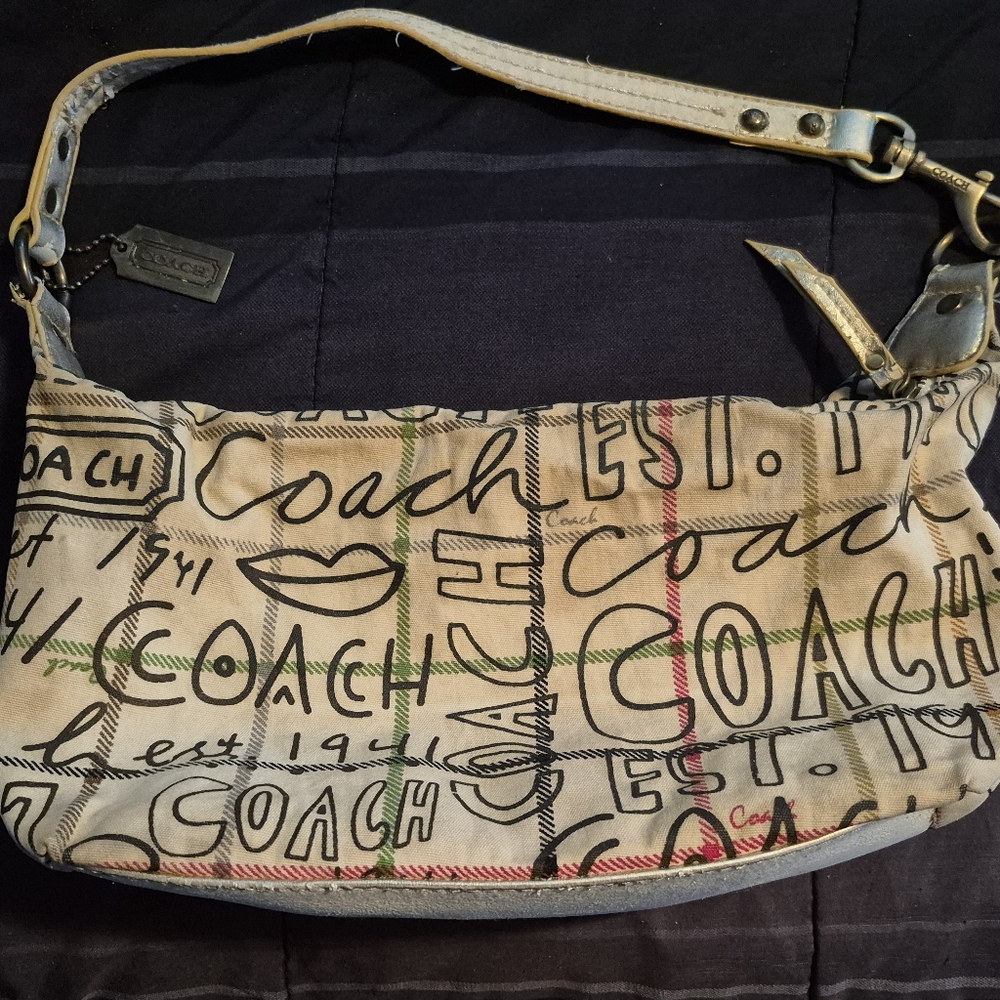 Coach Tattersall Plaid Graffiti Baguette Mini Bag  Made In Turkey